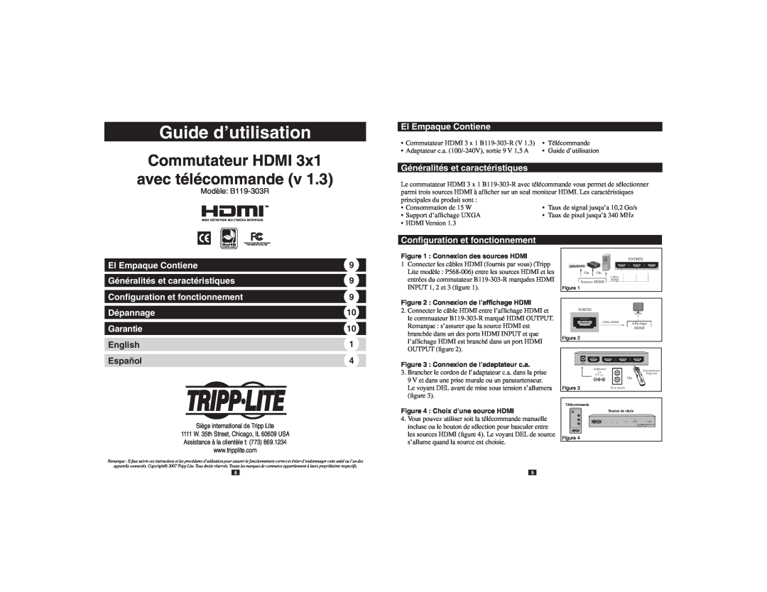 Tripp Lite B119-303-R Guide d’utilisation, Commutateur HDMI avec télécommande v, Généralités et caractéristiques, Garantie 