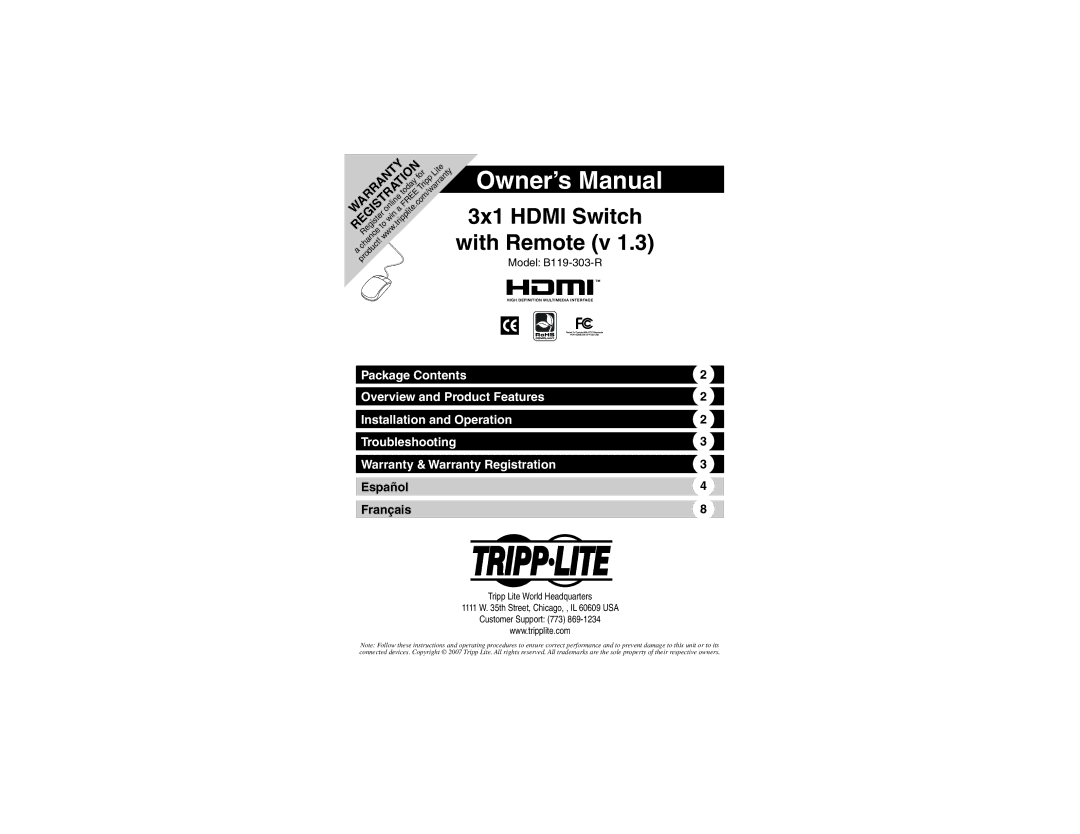 Tripp Lite B119-303-R owner manual 3x1 Hdmi Switch, Español Français 