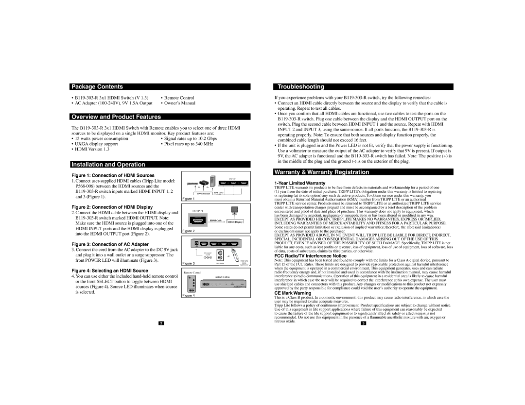 Tripp Lite B119-303-R Package Contents, Installation and Operation Troubleshooting, Year Limited Warranty, CE Mark Warning 