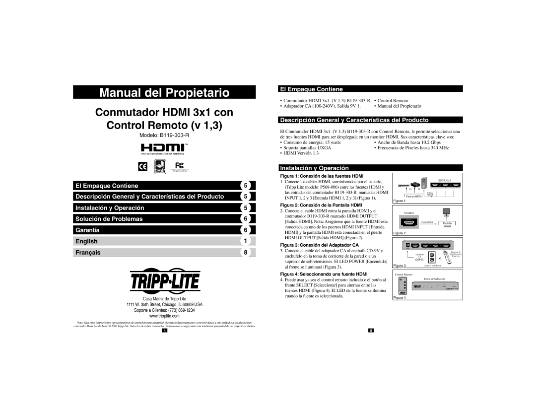 Tripp Lite B119-303-R owner manual Manual del Propietario, Conmutador Hdmi 3x1 con Control Remoto v 1,3 