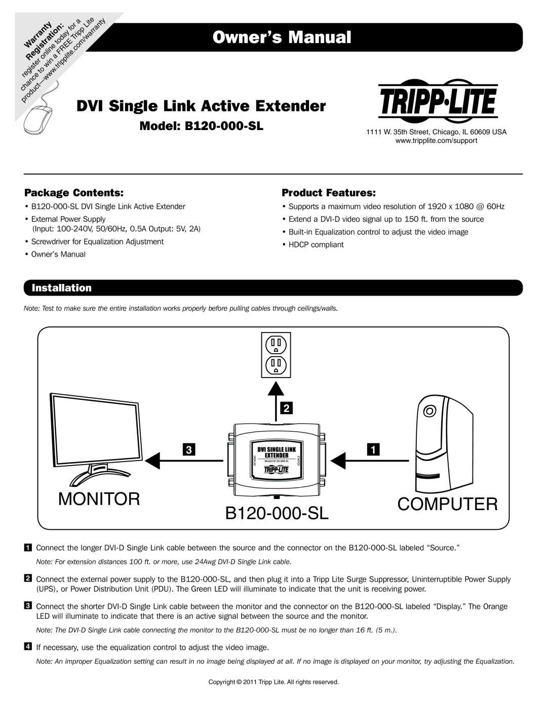Tripp Lite warranty Installation, Owner’s Manual, MONITOR B120-000-SL COMPUTER, DVI Single Link Active Extender 