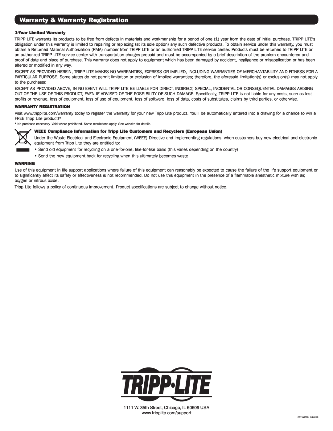 Tripp Lite B120-000-SL warranty Warranty & Warranty Registration, Year Limited Warranty 