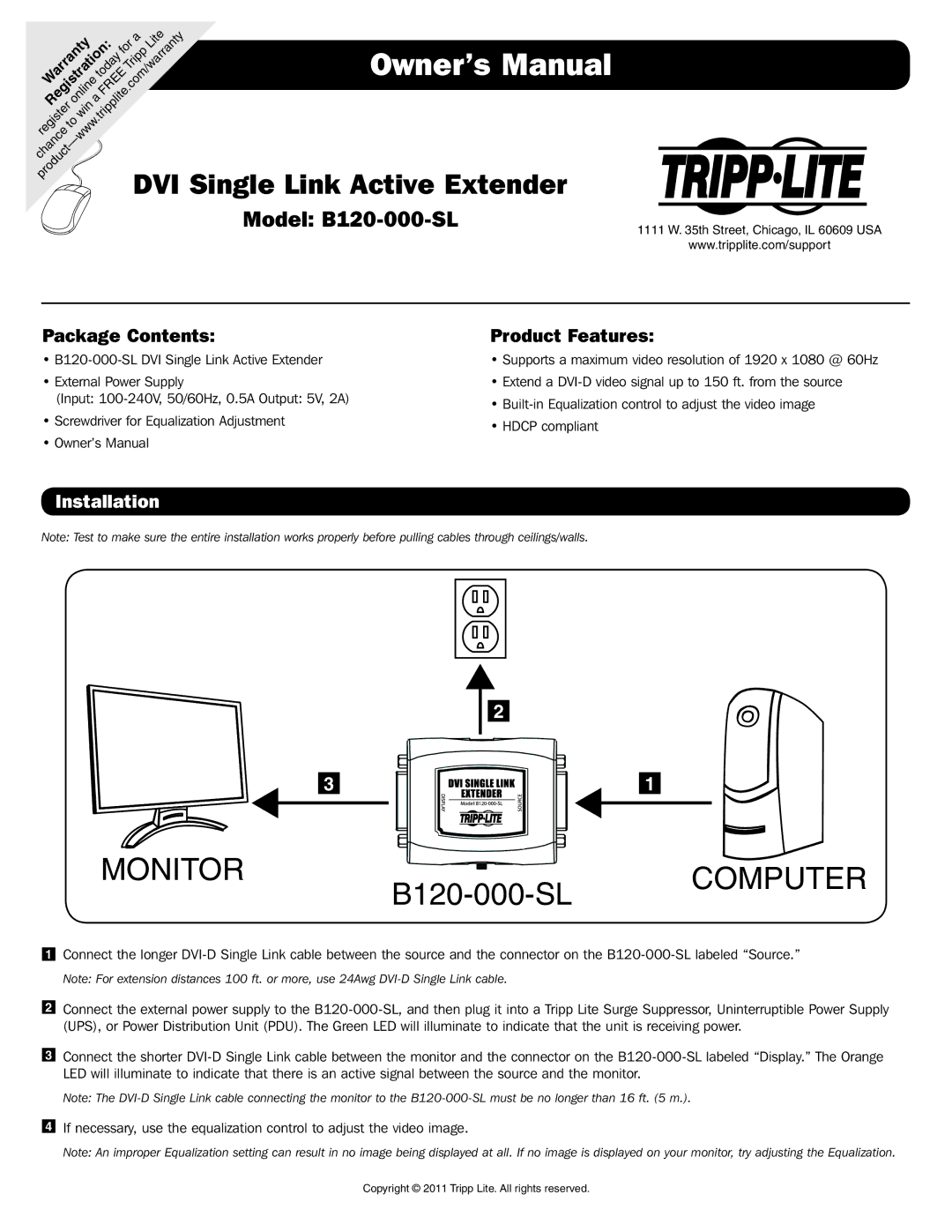 Tripp Lite warranty Monitor B120-000-SL Computer, DVI Single Link Active Extender, Model B120-000-SL, Installation 