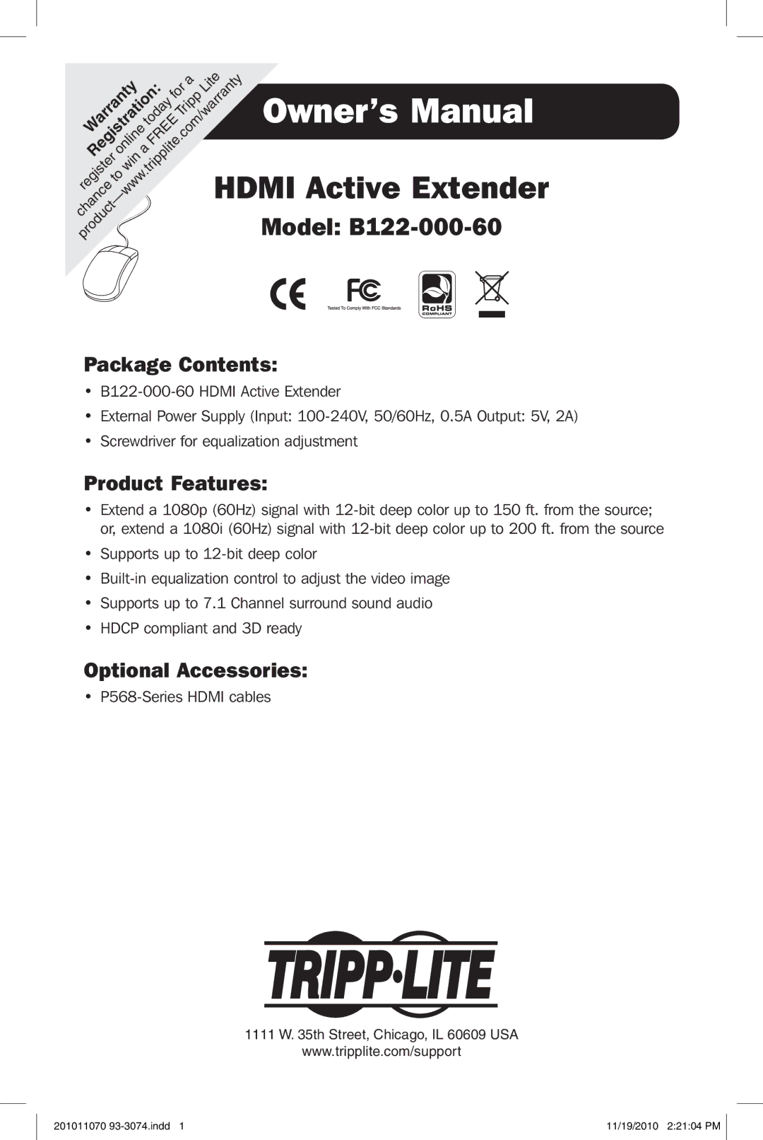 Tripp Lite B122-000-60 warranty Hdmi Active Extender 