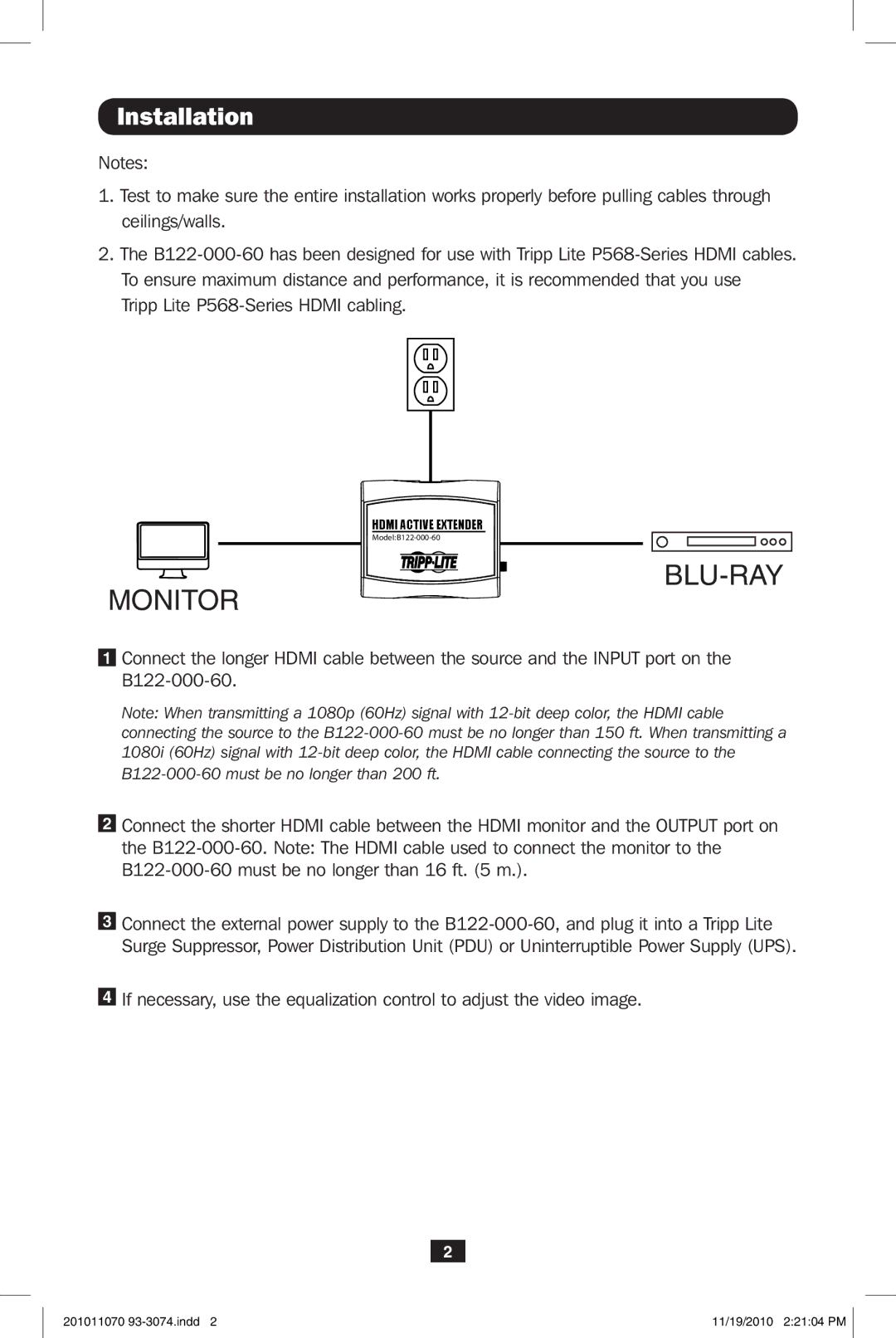 Tripp Lite B122-000-60 warranty Blu-Ray, Installation 