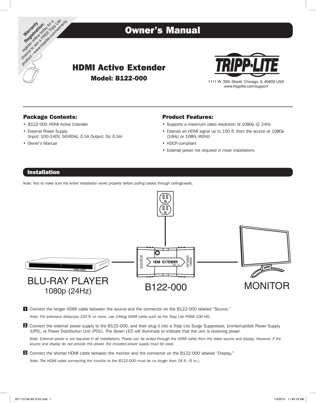 Tripp Lite B122-000 warranty BLU-RAY Player, Monitor, Hdmi Active Extender, 1080p 24Hz 