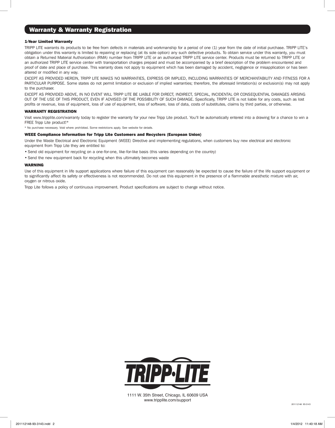 Tripp Lite B122-000 warranty Warranty & Warranty Registration, Year Limited Warranty 