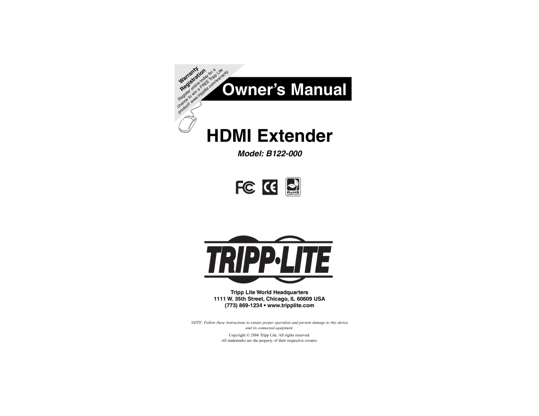 Tripp Lite owner manual Hdmi Extender, Model B122-000 