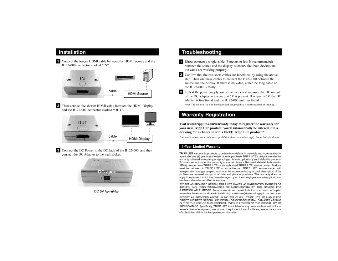 Tripp Lite B122-000 owner manual Installation, Troubleshooting, Warranty Registration, Year Limited Warranty 