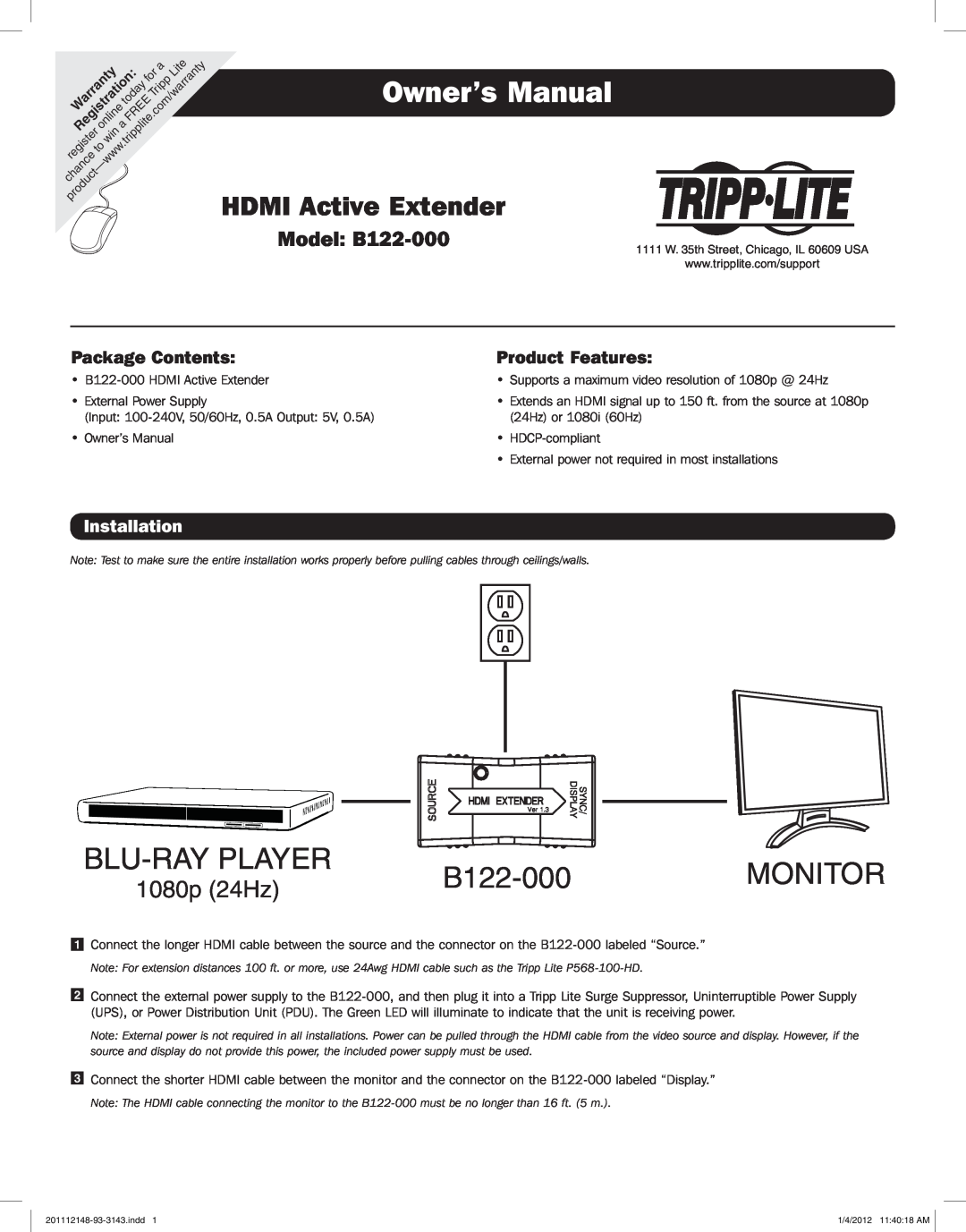 Tripp Lite warranty Installation, Blu-Ray Player, Monitor, HDMI Active Extender, 1080p 24Hz, Model B122-000 