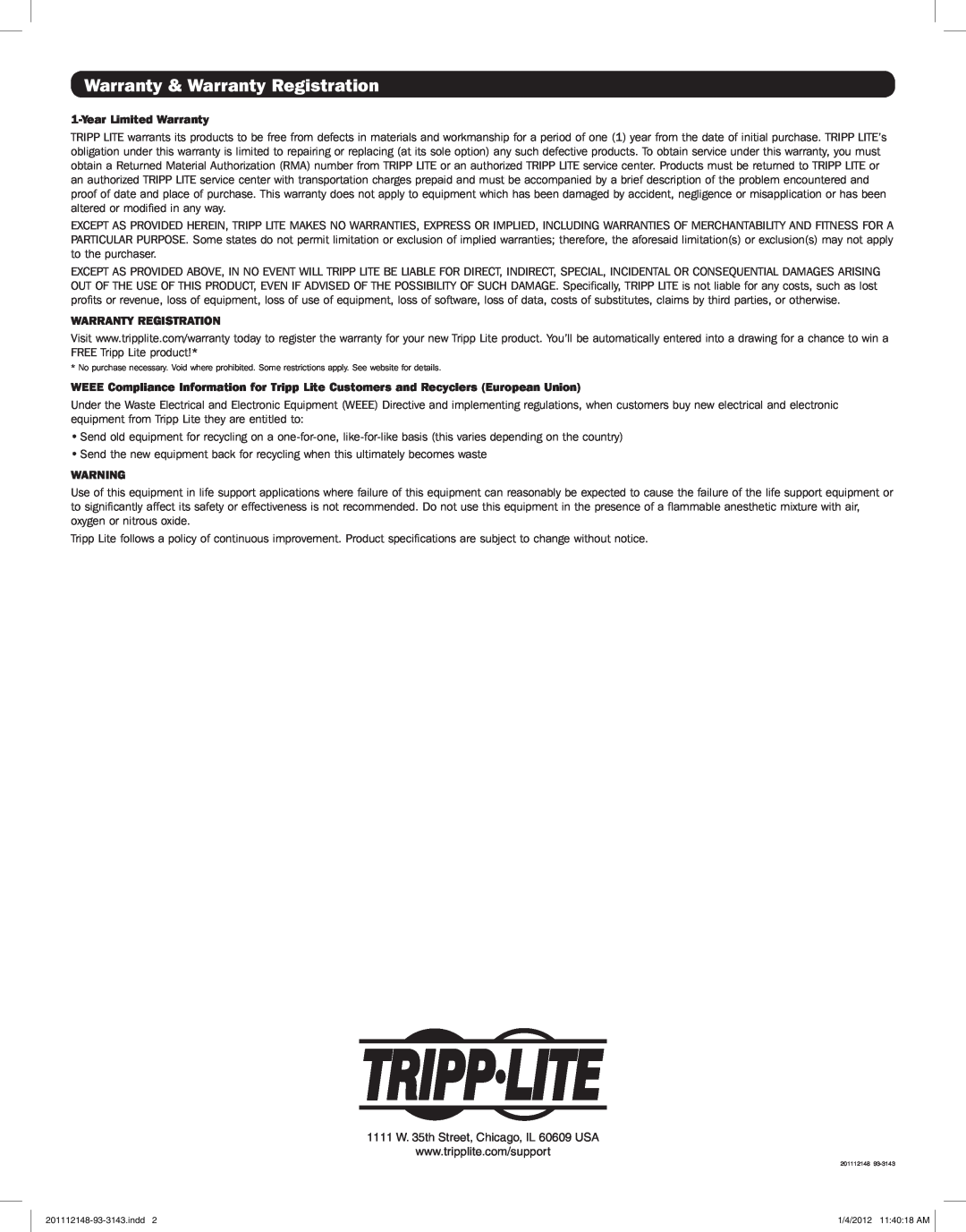Tripp Lite B122-000 warranty Warranty & Warranty Registration, Year Limited Warranty 