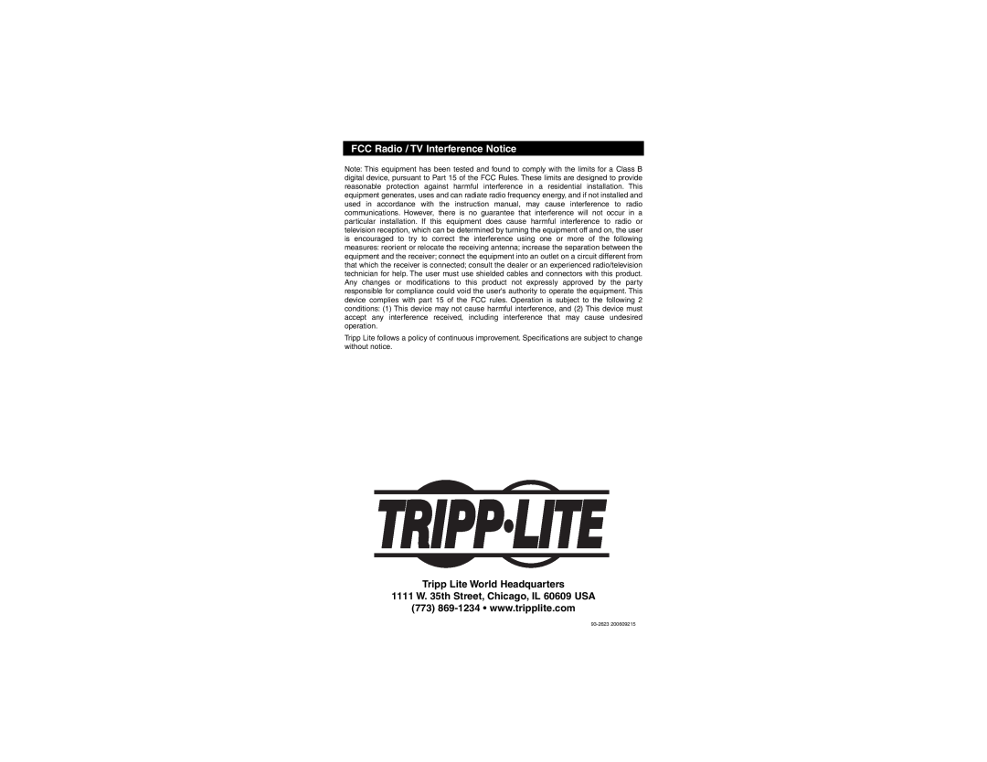 Tripp Lite B122-000 owner manual FCC Radio / TV Interference Notice, Tripp Lite World Headquarters 