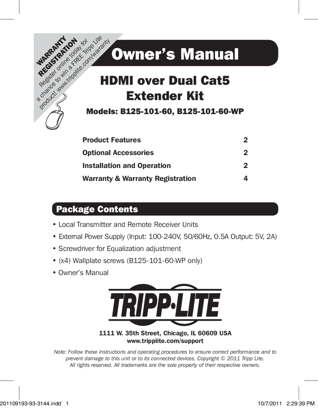 Tripp Lite B125-101-60-WP owner manual Package Contents 