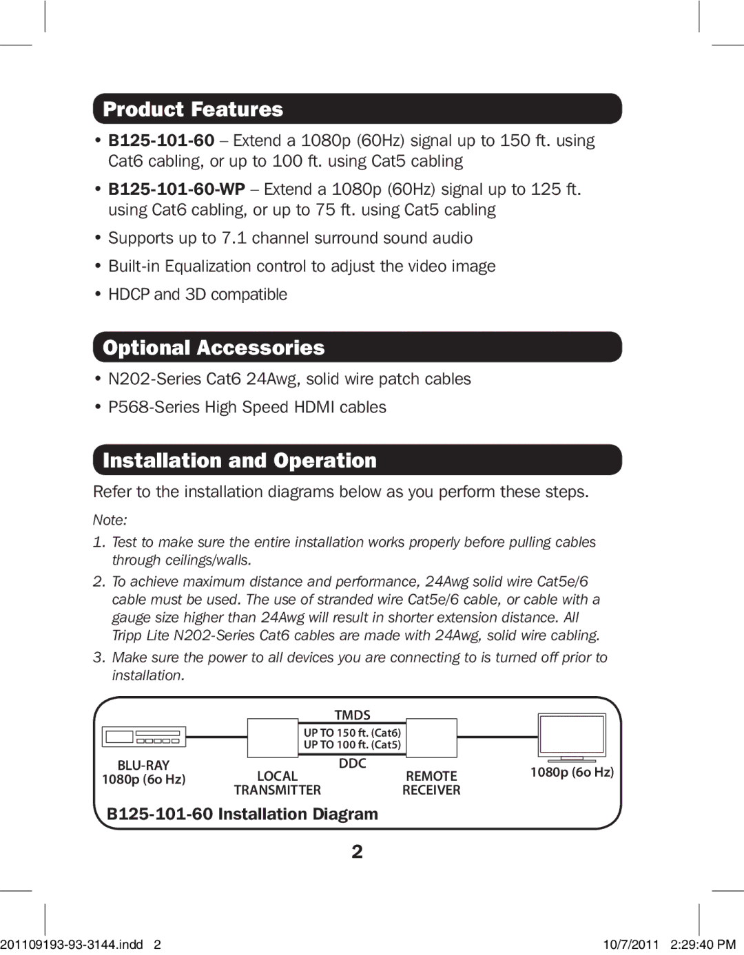 Tripp Lite B125-101-60-WP owner manual Product Features, Optional Accessories, Installation and Operation 