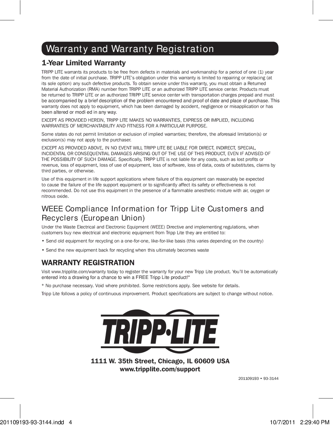 Tripp Lite B125-101-60-WP owner manual Warranty and Warranty Registration, Year Limited Warranty 