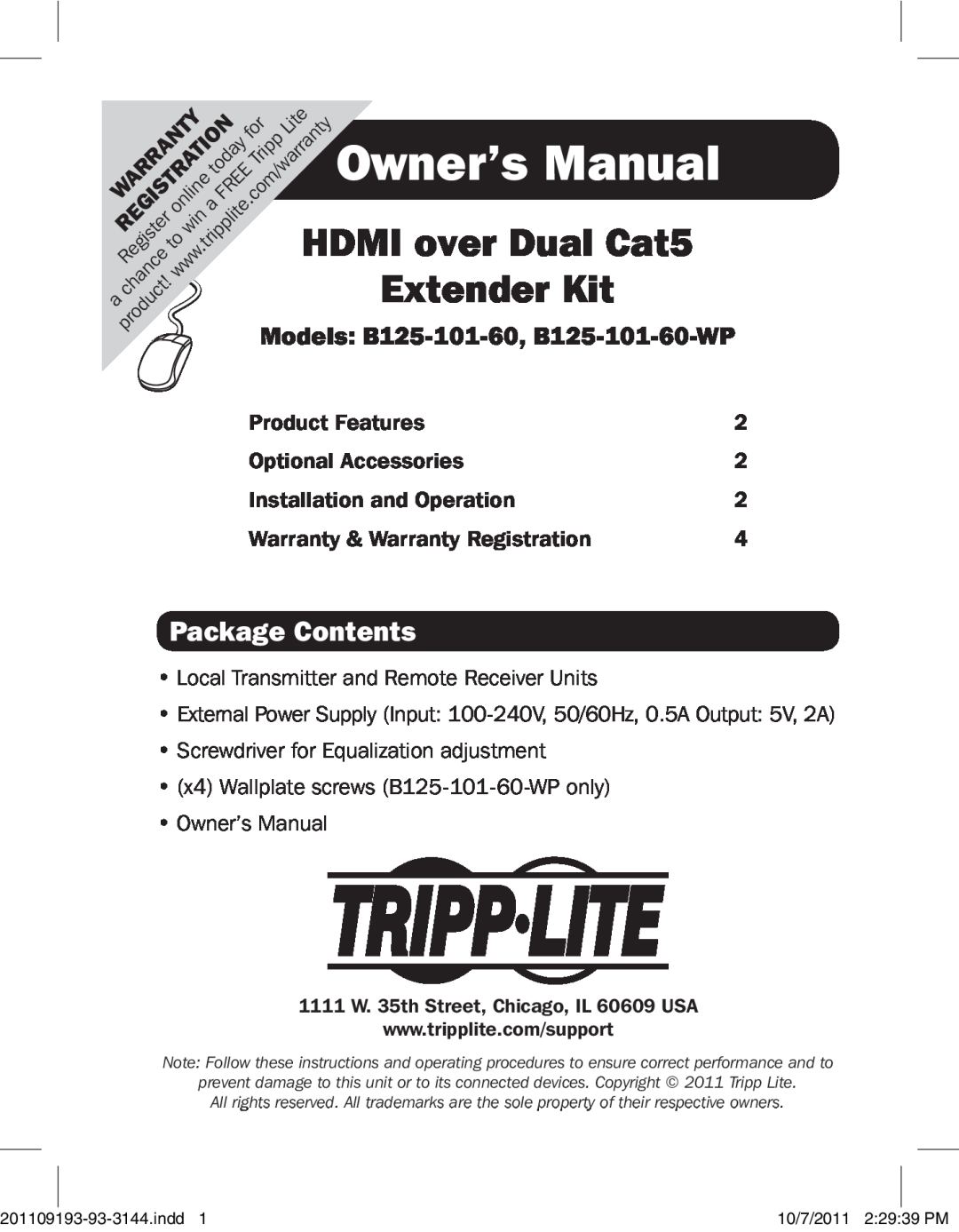 Tripp Lite B125-101-60-WP owner manual Package Contents, Owner’s Manual 