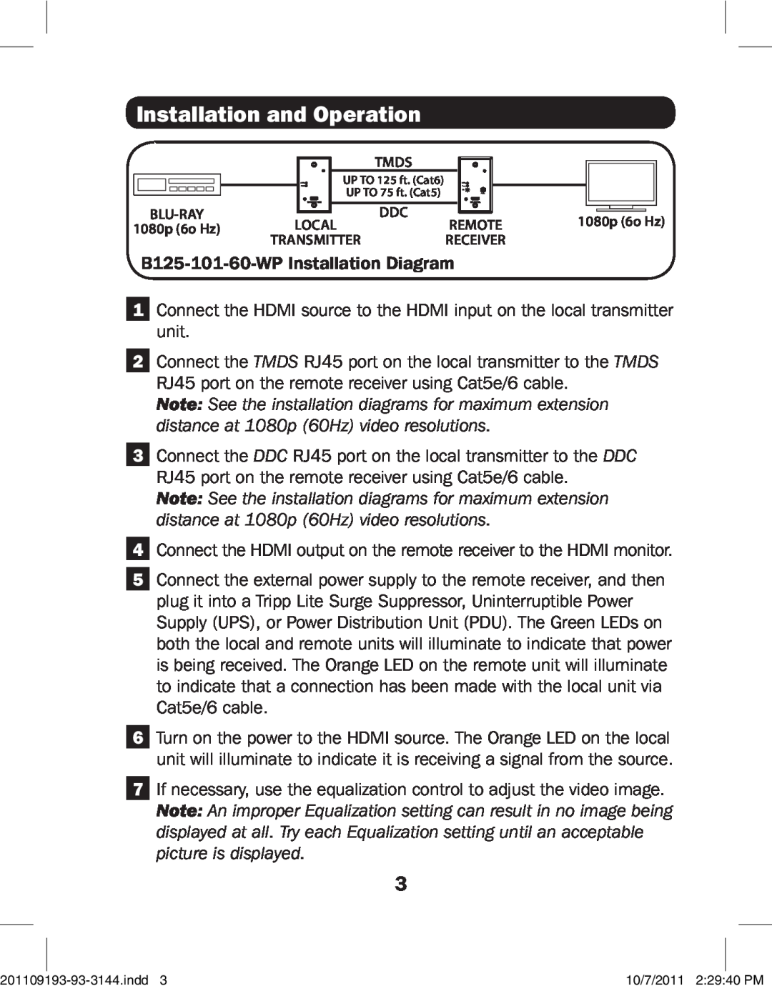 Tripp Lite owner manual Installation and Operation, B125-101-60-WP Installation Diagram 