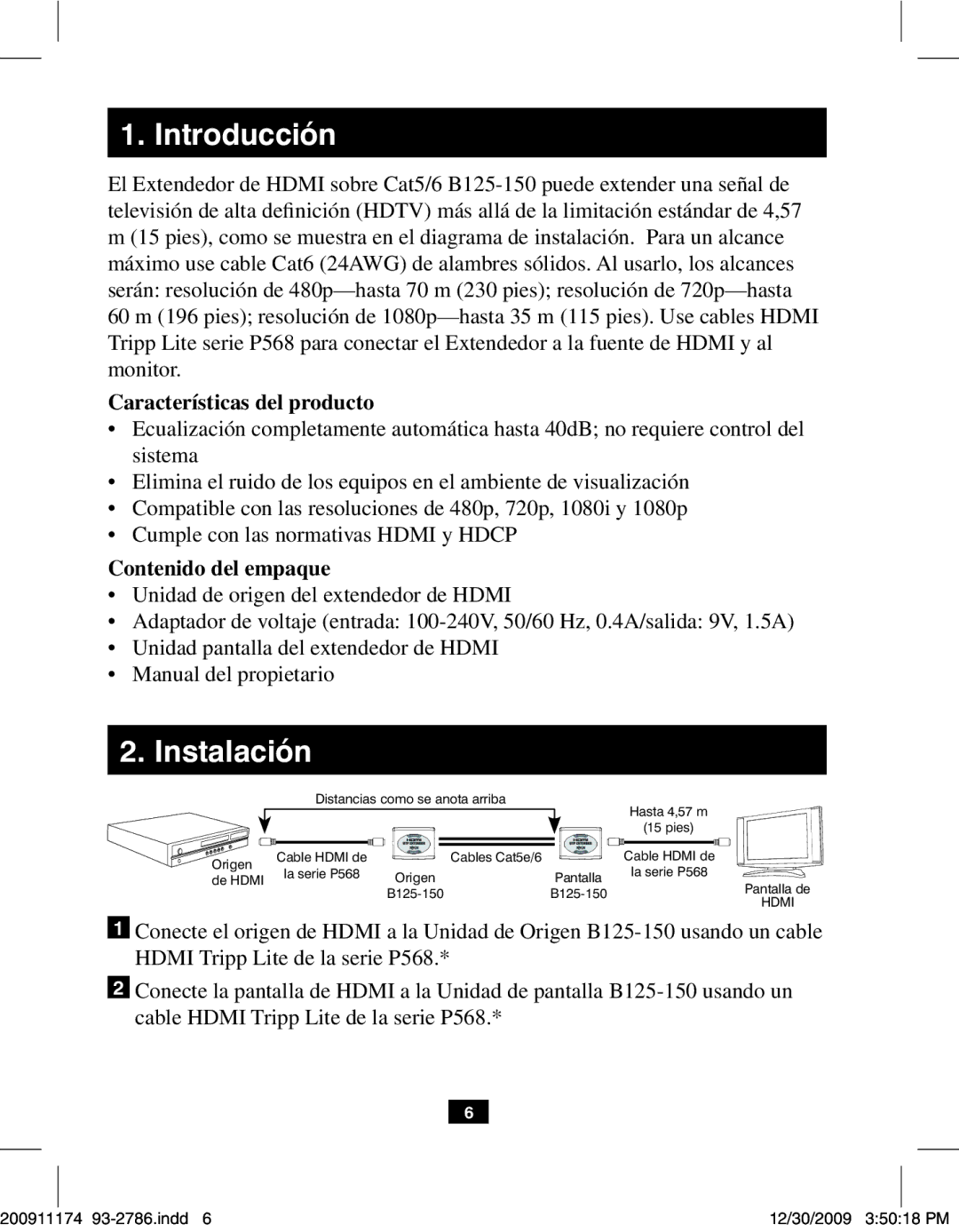 Tripp Lite B125-150 owner manual Introducción, Características del producto, Contenido del empaque 