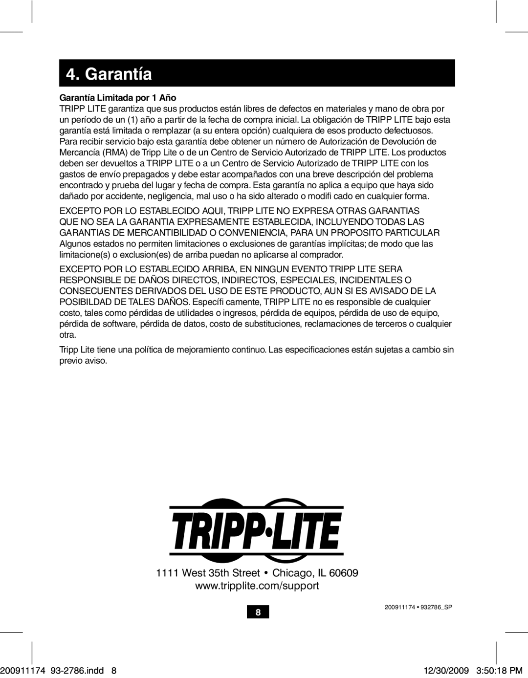 Tripp Lite B125-150 owner manual Garantía Limitada por 1 Año 