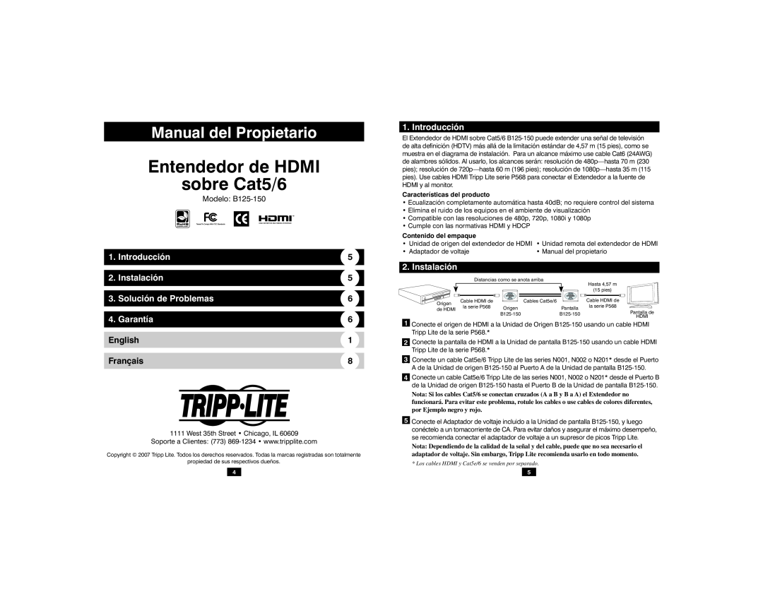 Tripp Lite B125-150 owner manual Entendedor de HDMI sobre Cat5/6, Manual del Propietario 