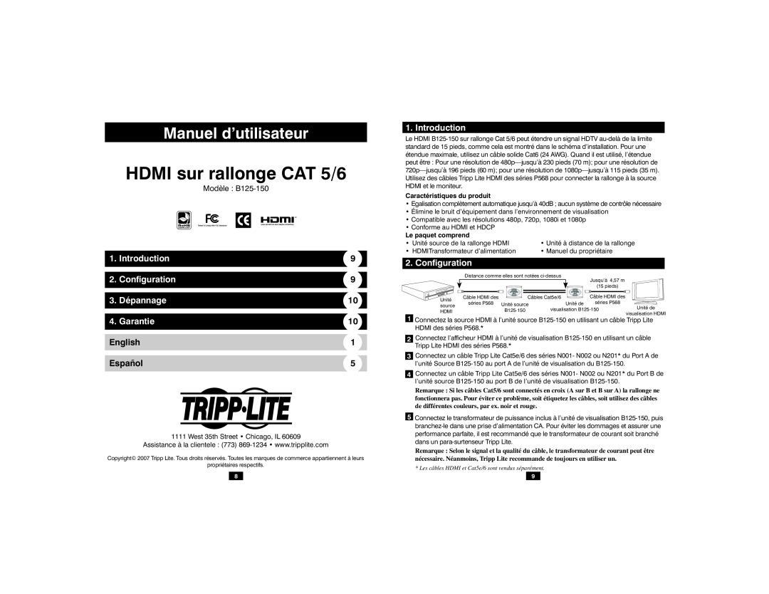Tripp Lite B125-150 owner manual HDMI sur rallonge CAT 5/6, Manuel d’utilisateur 