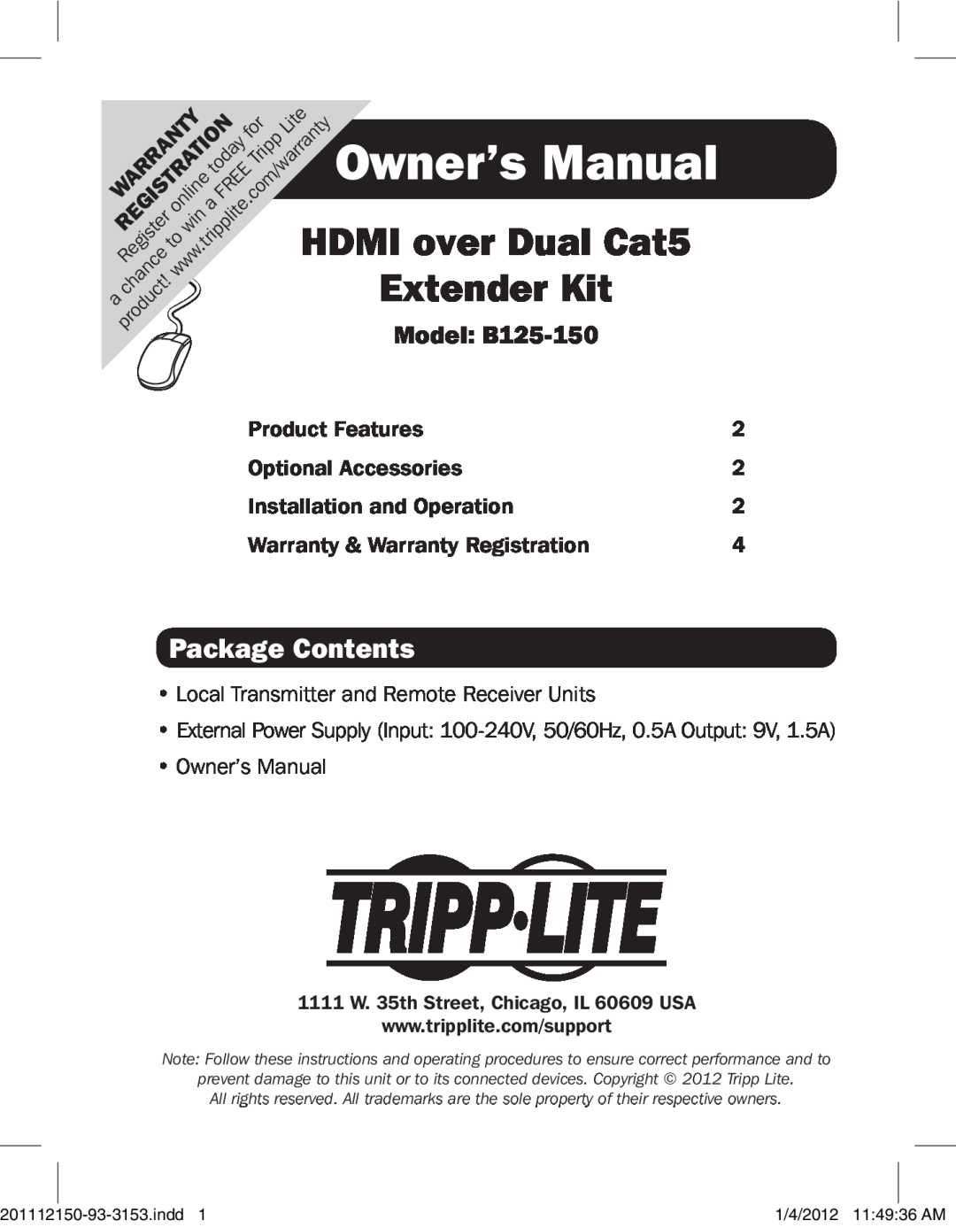 Tripp Lite B125-150 owner manual Package Contents, 1111 W. 35th Street, Chicago, IL 60609 USA, indd1, 1/4/2012 11 49 36 AM 