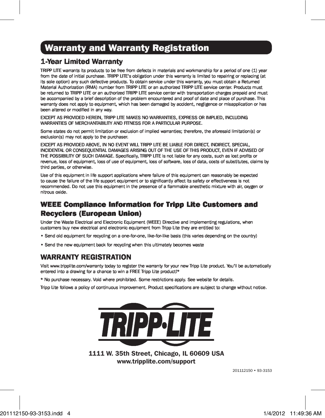 Tripp Lite B125-150 owner manual Warranty and Warranty Registration, 1111 W. 35th Street, Chicago, IL 60609 USA, indd4 