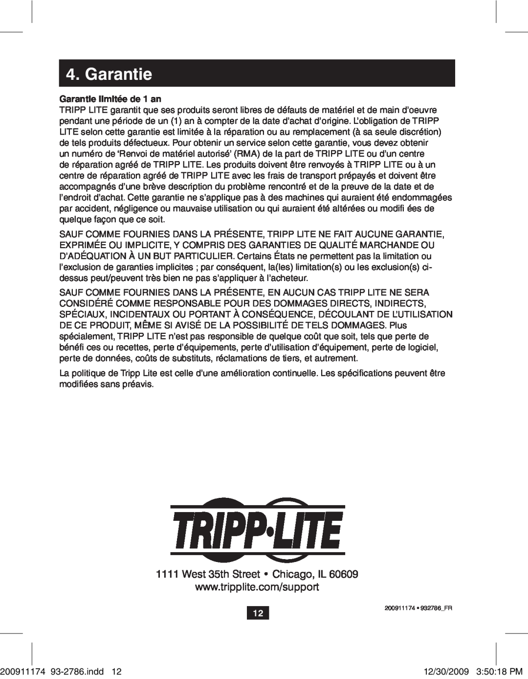 Tripp Lite B125-150 owner manual Garantie limitée de 1 an 