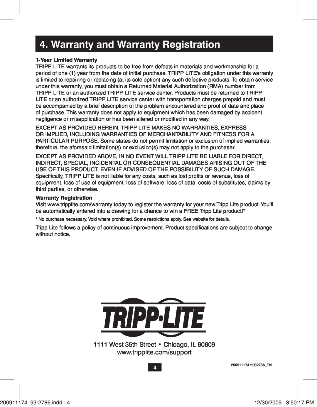 Tripp Lite B125-150 owner manual Warranty and Warranty Registration, YearLimited Warranty 