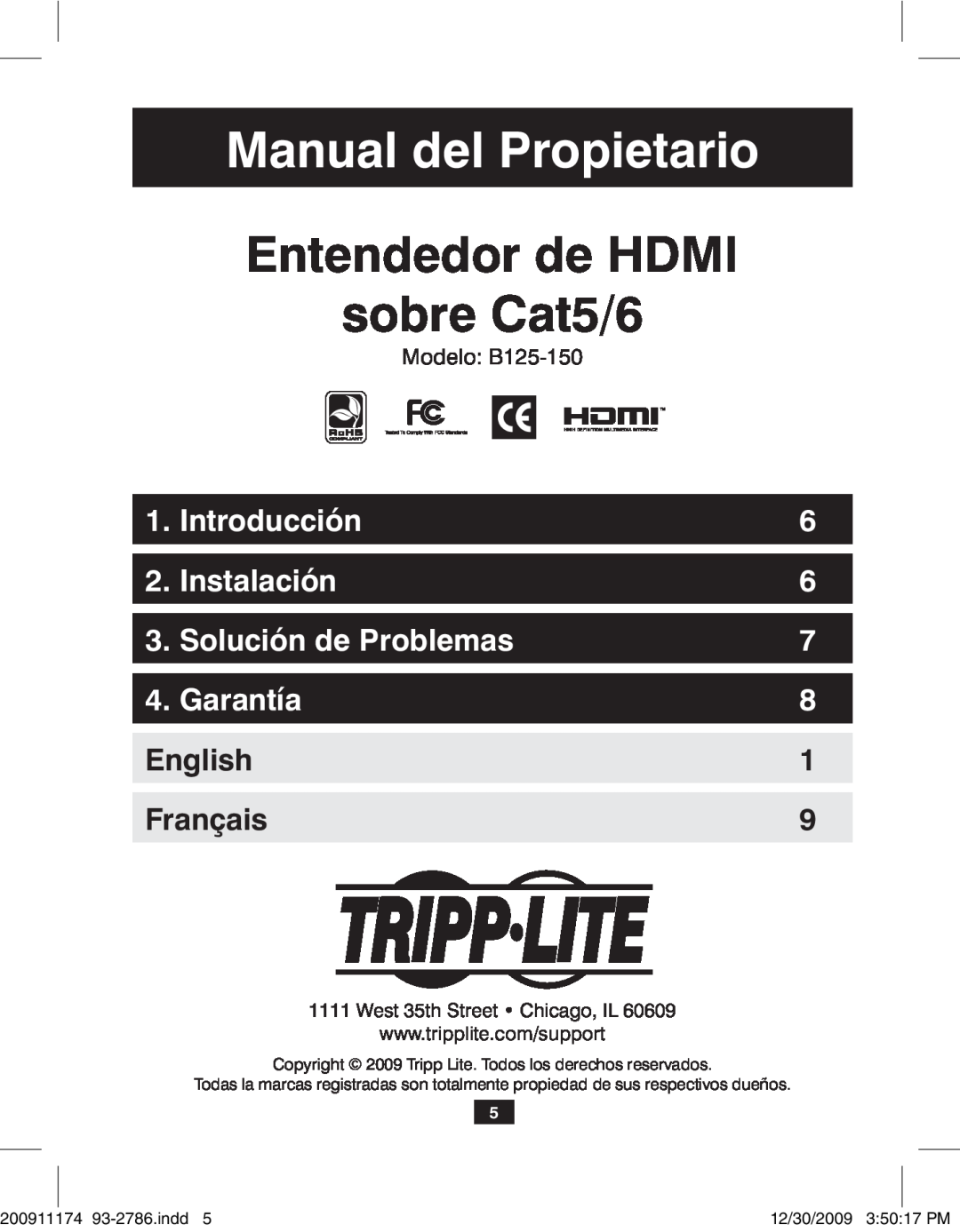 Tripp Lite B125-150 Manual del Propietario, Entendedor de HDMI sobre Cat5/6, Introducción, Instalación, Garantía, English 