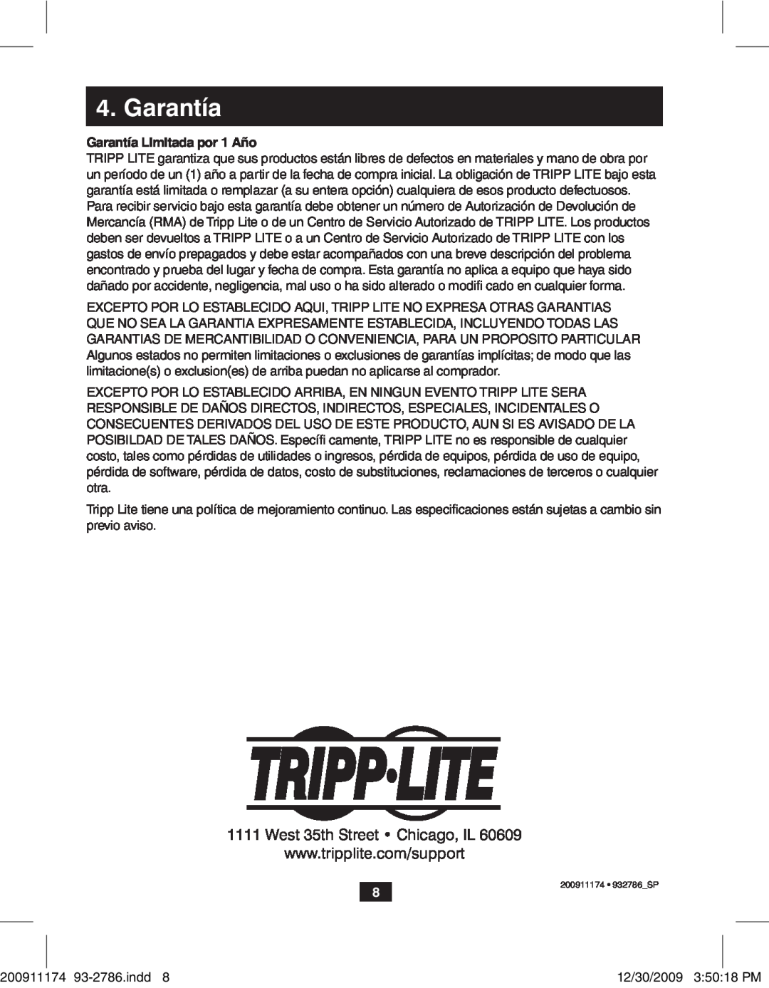 Tripp Lite B125-150 owner manual Garantía Limitada por 1 Año 