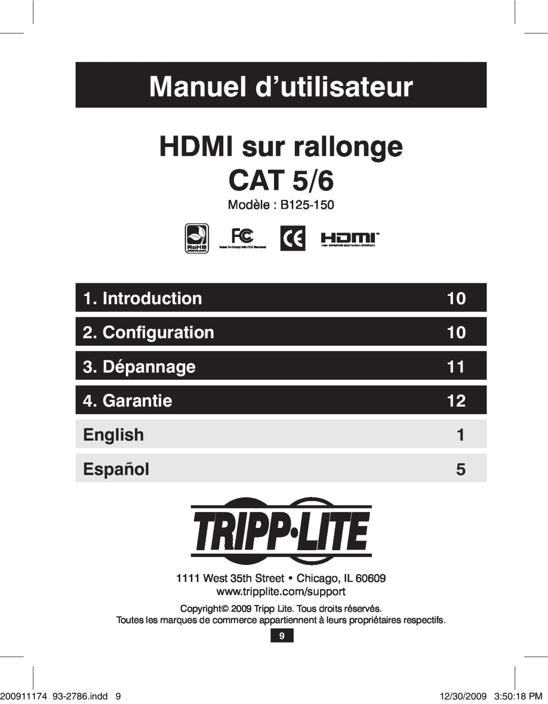 Tripp Lite B125-150 Manuel d’utilisateur, HDMI sur rallonge CAT 5/6, Configuration, Dépannage, Garantie, Introduction 