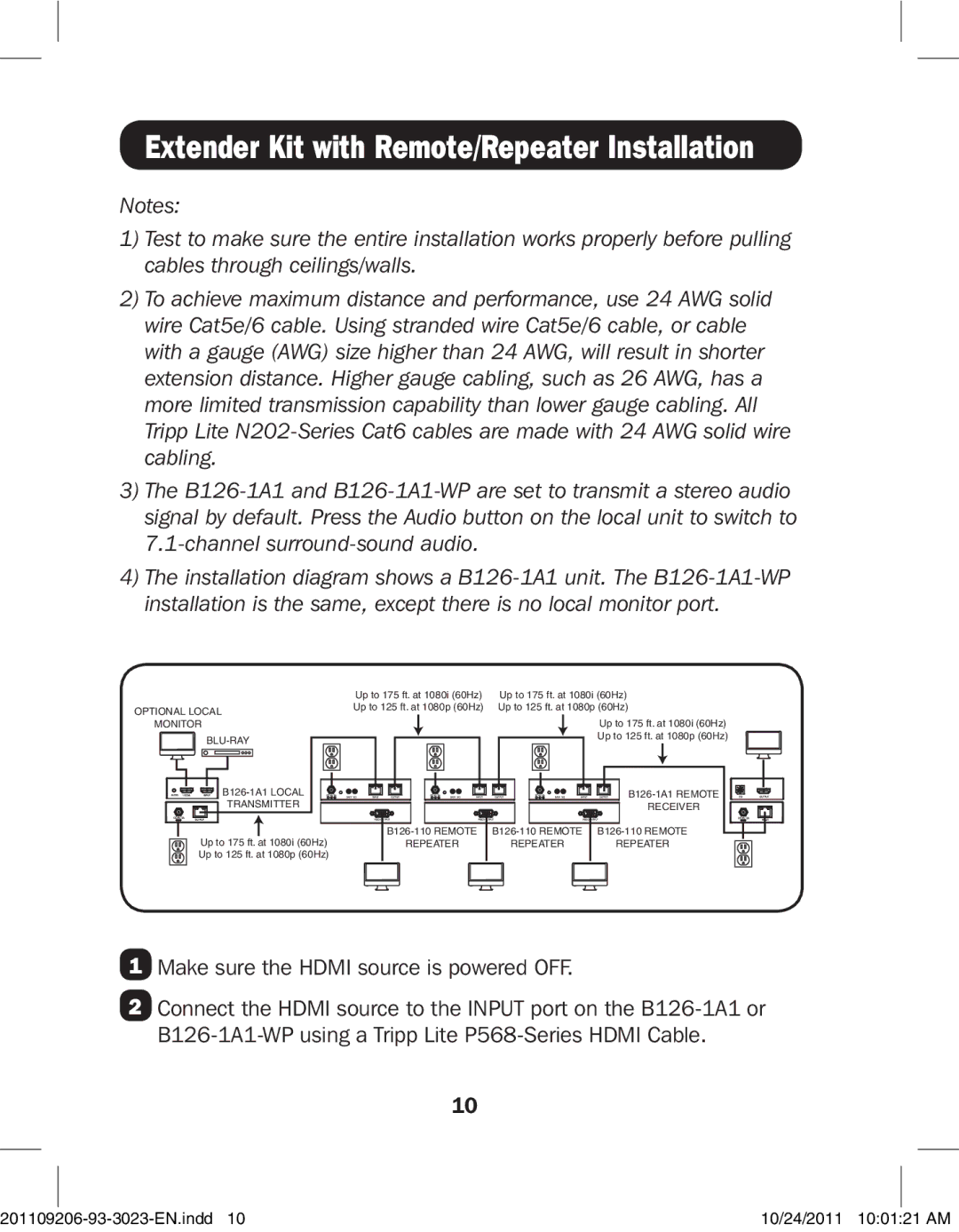 Tripp Lite B126-1P0-WP-1, B126-1A0-WP-1, B126-004, B126-110, B126-1A1 Extender Kit with Remote/Repeater Installation 