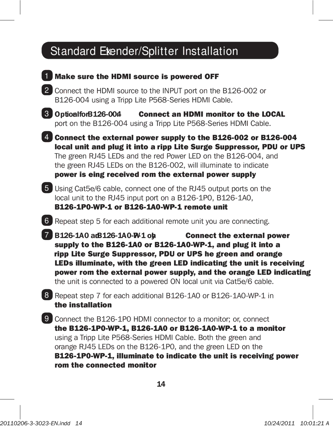 Tripp Lite B126-110, B126-1P0-WP-1, B126-1A0-WP-1, B126-004, B126-1A1-WP Standard Extender/Splitter Installation 