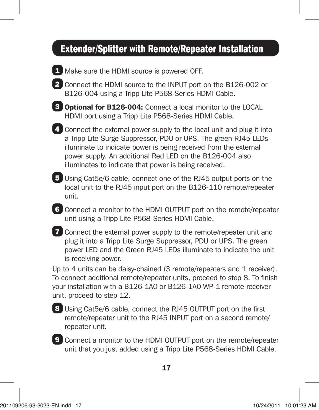 Tripp Lite B126-002, B126-1P0-WP-1, B126-1A0-WP-1, B126-004, B126-110 Extender/Splitter with Remote/Repeater Installation 