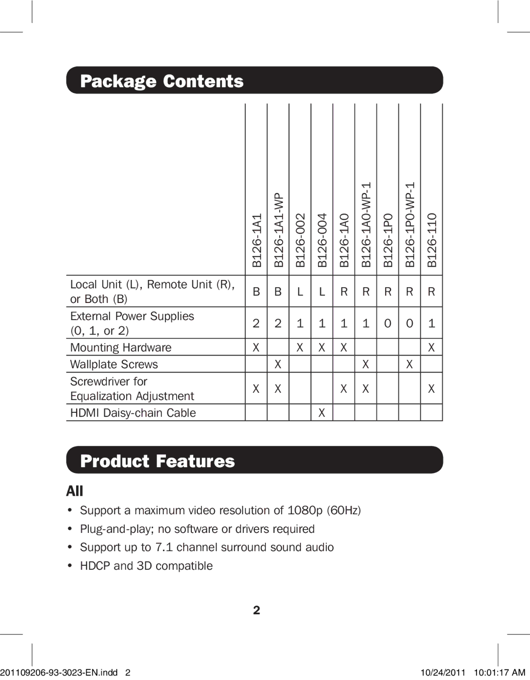 Tripp Lite B126-1P0-WP-1, B126-1A0-WP-1, B126-004, B126-110, B126-1A1-WP, B126-002 Package Contents, Product Features 