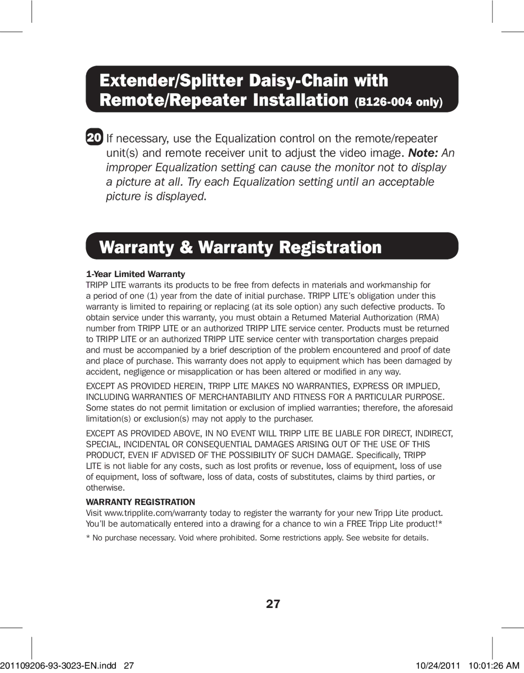 Tripp Lite B126-1P0-WP-1, B126-1A0-WP-1, B126-004, B126-110, B126-1A1-WP, B126-002 Warranty & Warranty Registration 