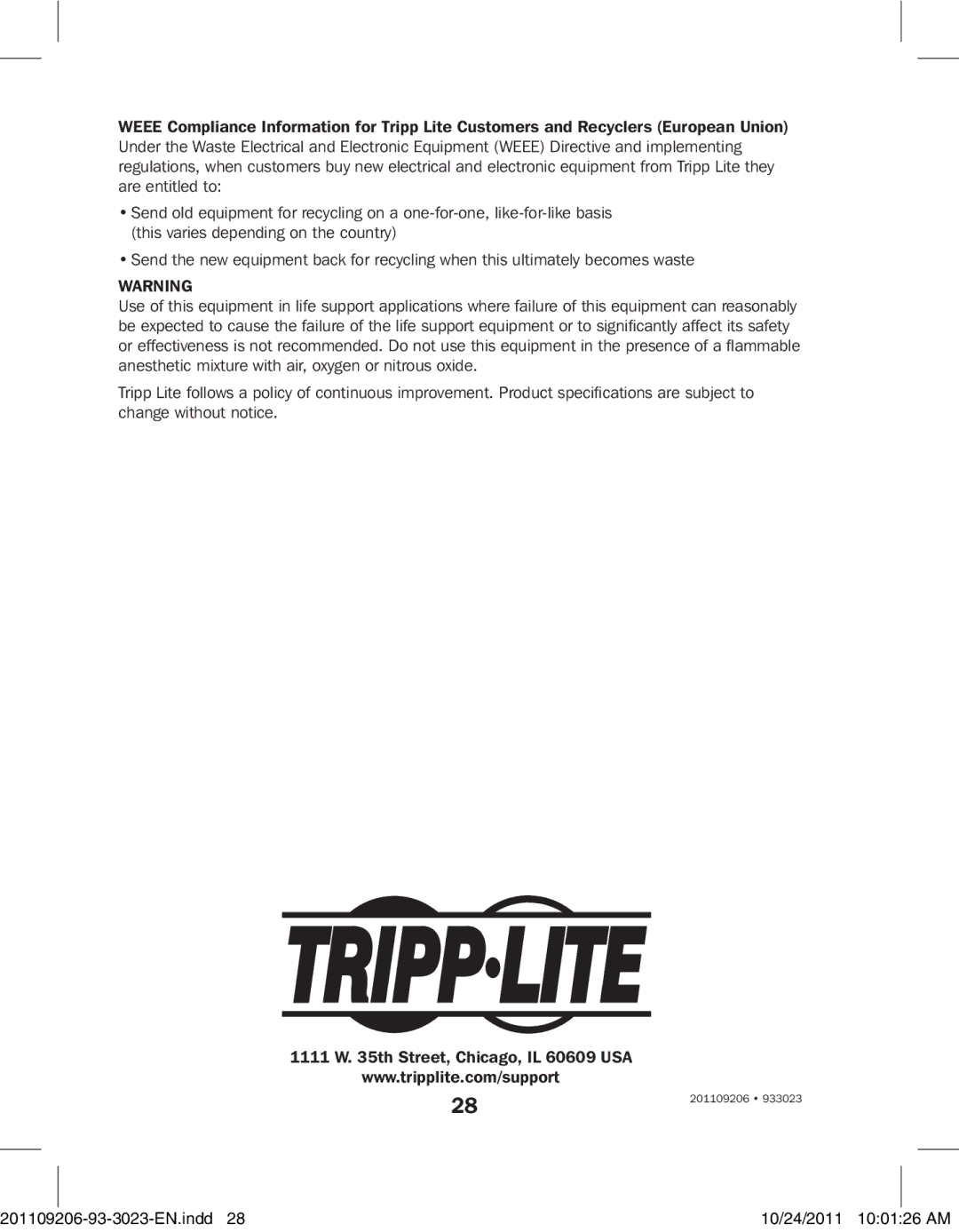 Tripp Lite B126-1P0-WP-1, B126-1A0-WP-1, B126-004, B126-110, B126-1A1-WP, B126-002 owner manual 201109206 