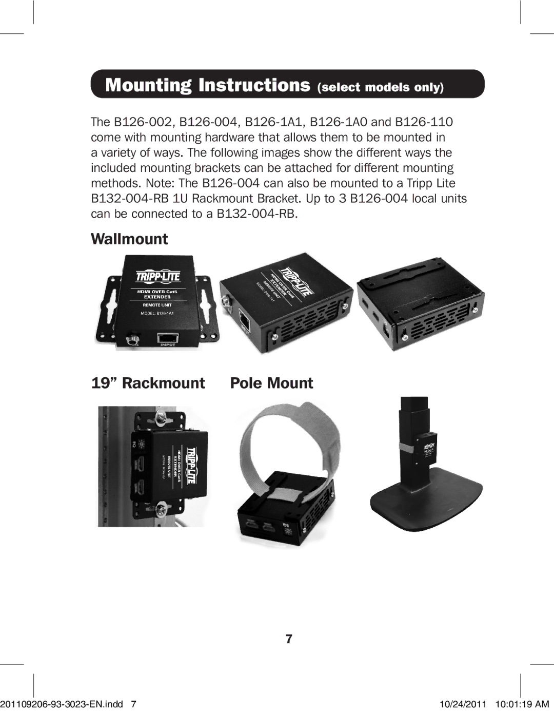 Tripp Lite B126-1A1-WP, B126-1P0-WP-1, B126-1A0 Mounting Instructions select models only, Wallmount Rackmount Pole Mount 