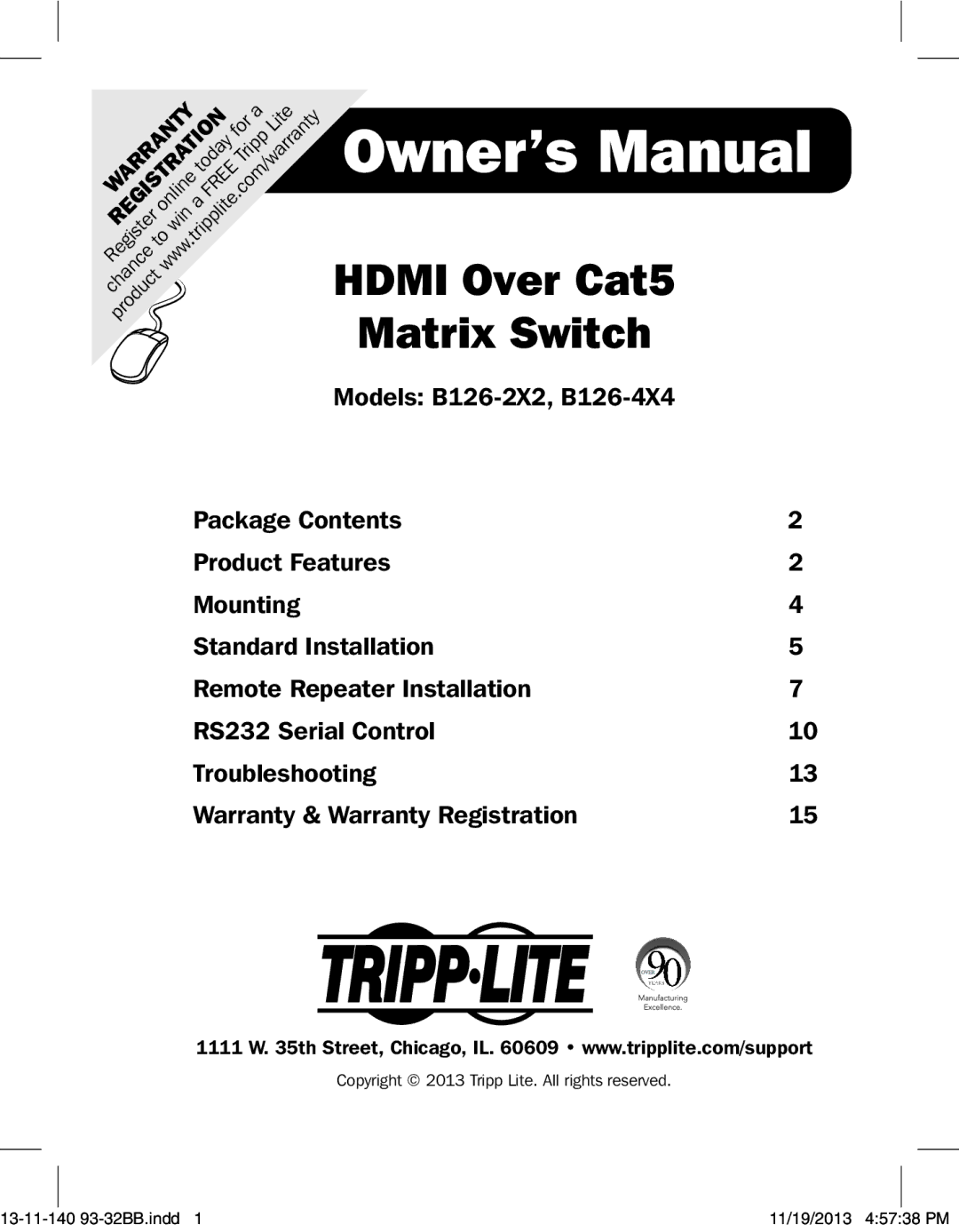 Tripp Lite B126-4X4, B126-2X2 owner manual Hdmi Over Cat5 Matrix Switch 