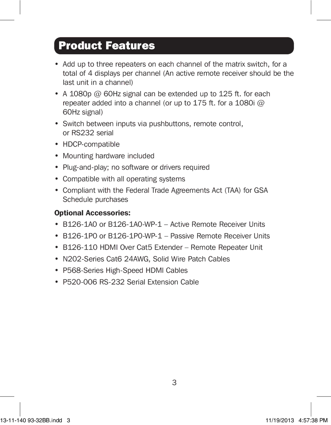 Tripp Lite B126-4X4, B126-2X2 owner manual Product Features 