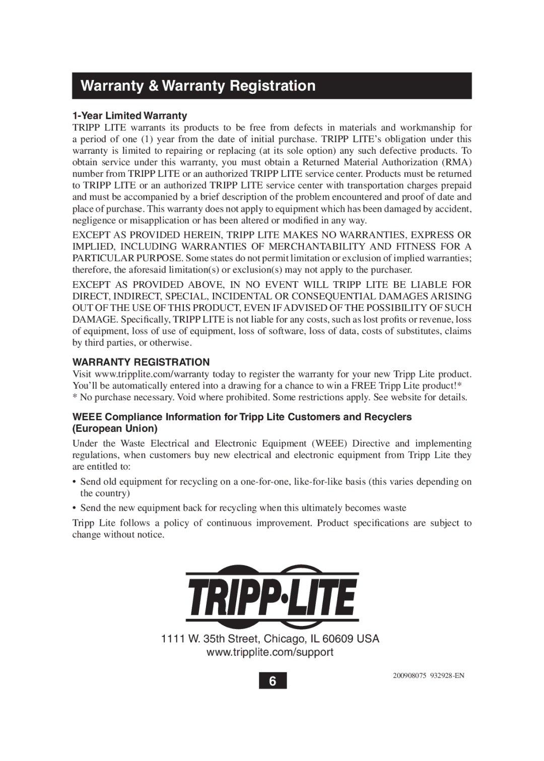 Tripp Lite B130-101-WP owner manual Year Limited Warranty, Warranty Registration 