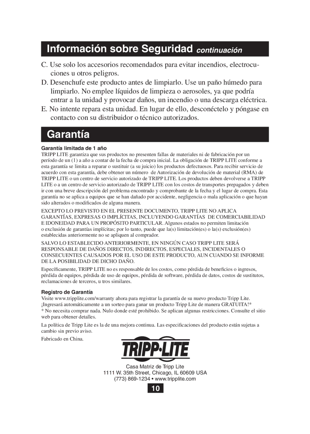 Tripp Lite B130-101 owner manual Información sobre Seguridad continuación, Garantía 