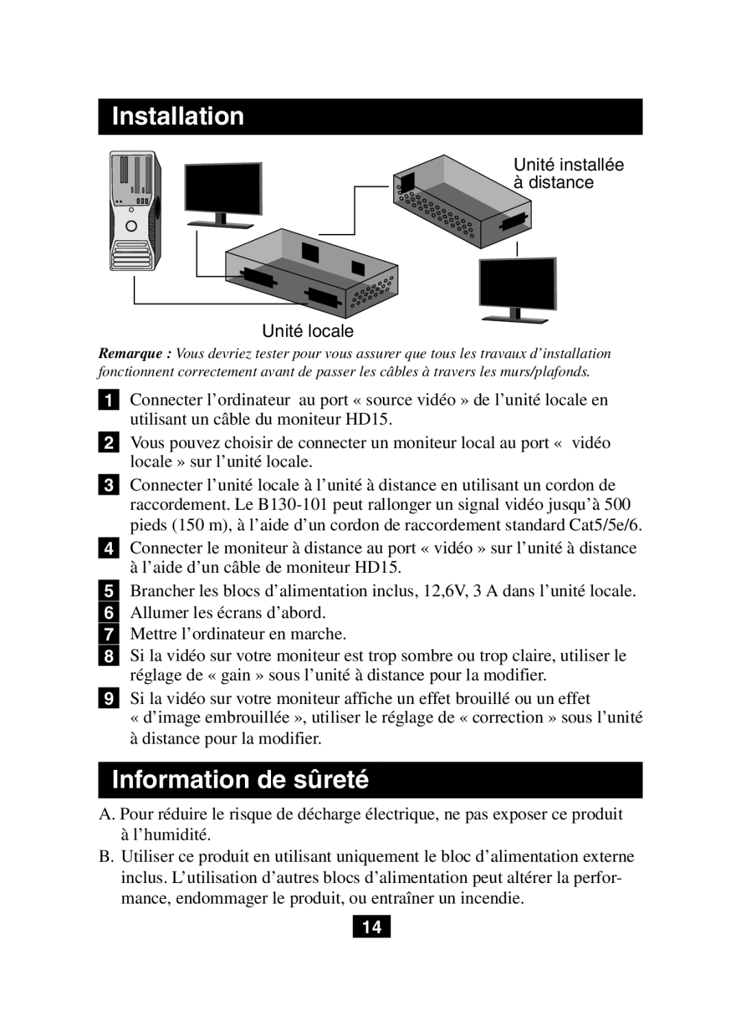 Tripp Lite B130-101 owner manual Information de sûreté, Unité installée à distance Unité locale 