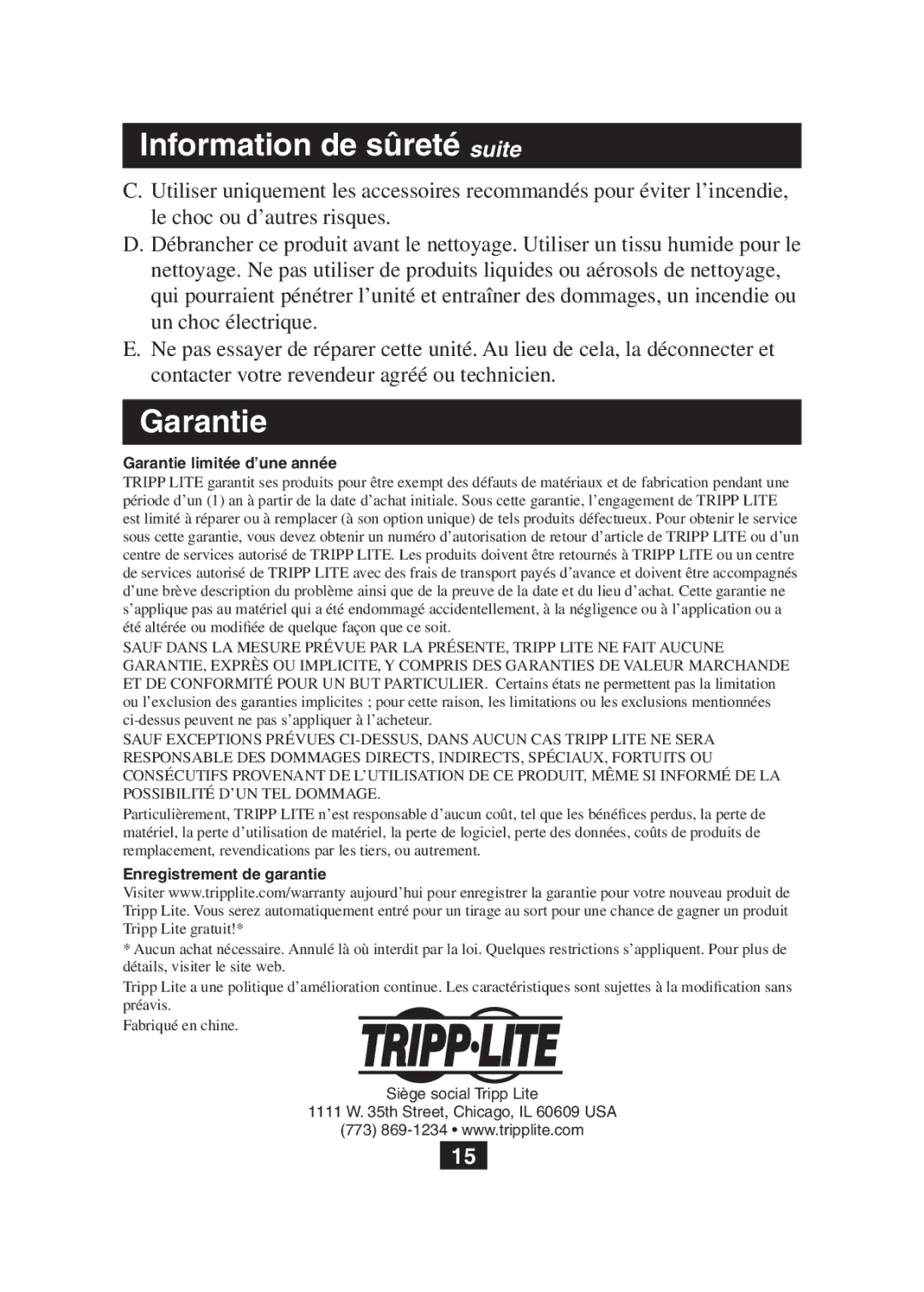 Tripp Lite B130-101 owner manual Information de sûreté suite, Garantie 