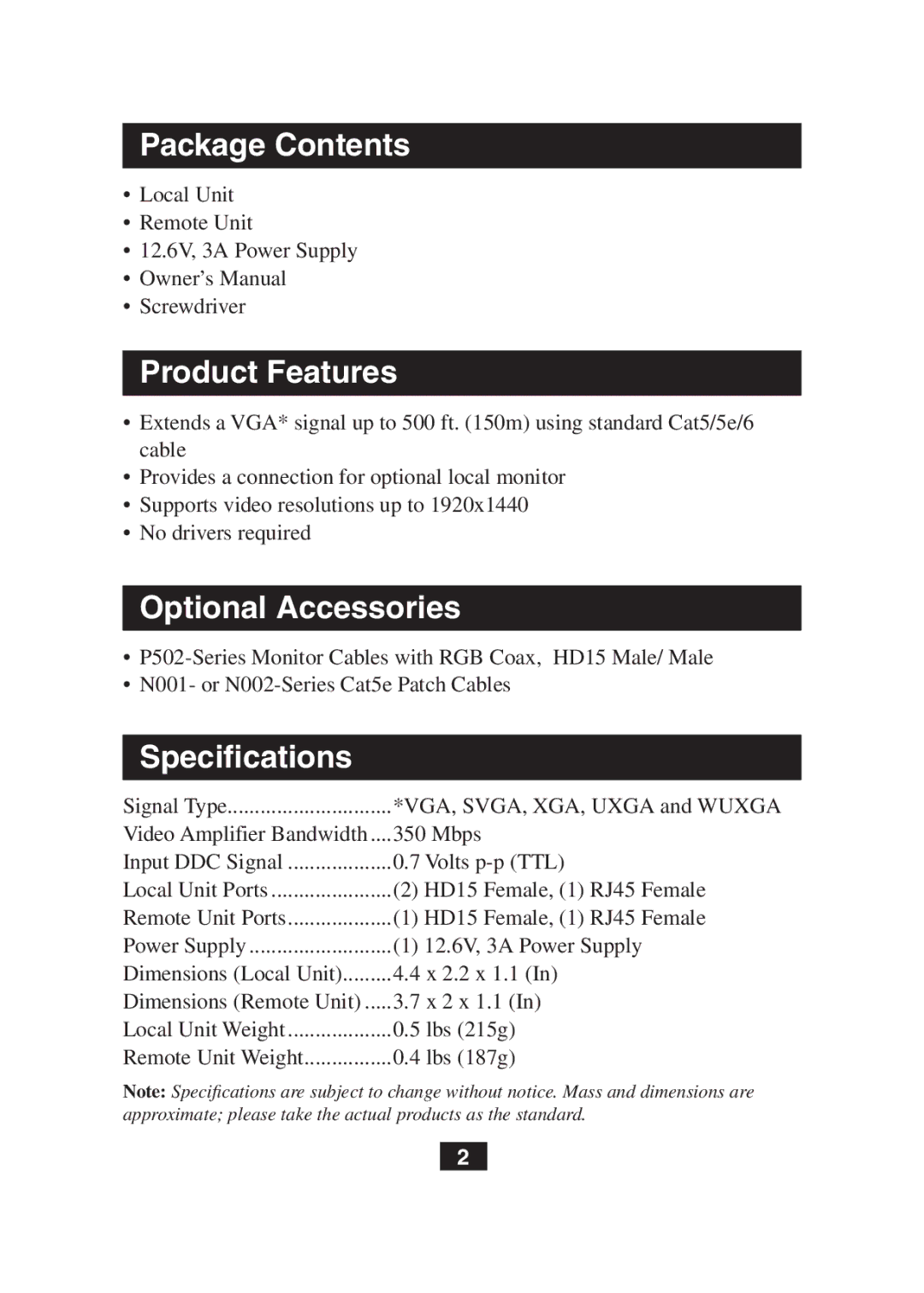 Tripp Lite B130-101 owner manual Package Contents, Product Features, Optional Accessories, Specifications 