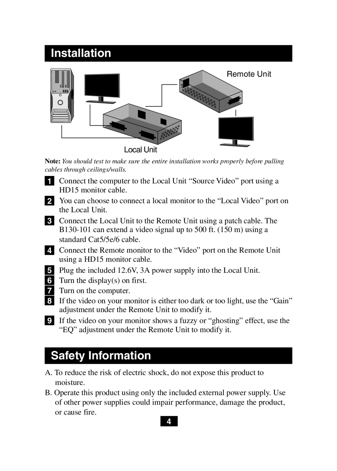 Tripp Lite B130-101 owner manual Installation, Safety Information, Remote Unit Local Unit 