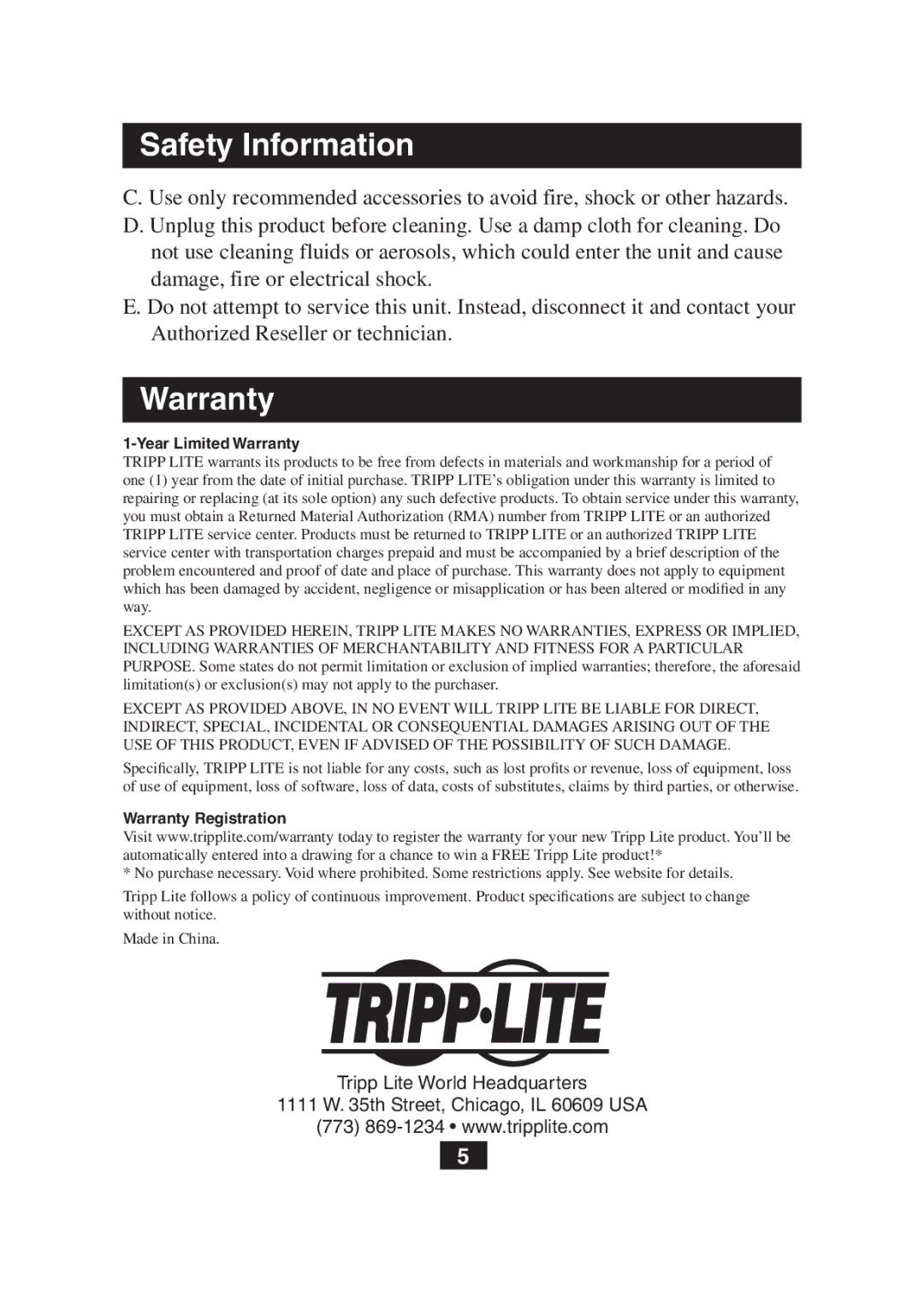 Tripp Lite B130-101 owner manual Year Limited Warranty 