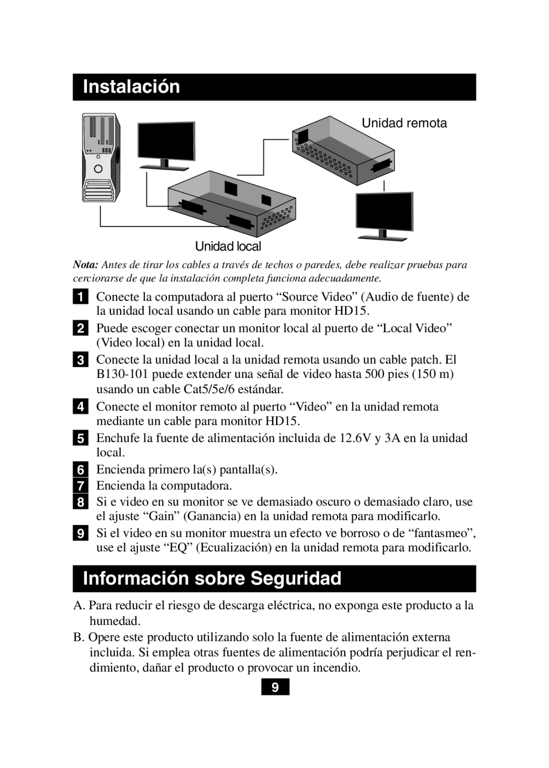 Tripp Lite B130-101 owner manual Instalación, Información sobre Seguridad, Unidad remota Unidad local 