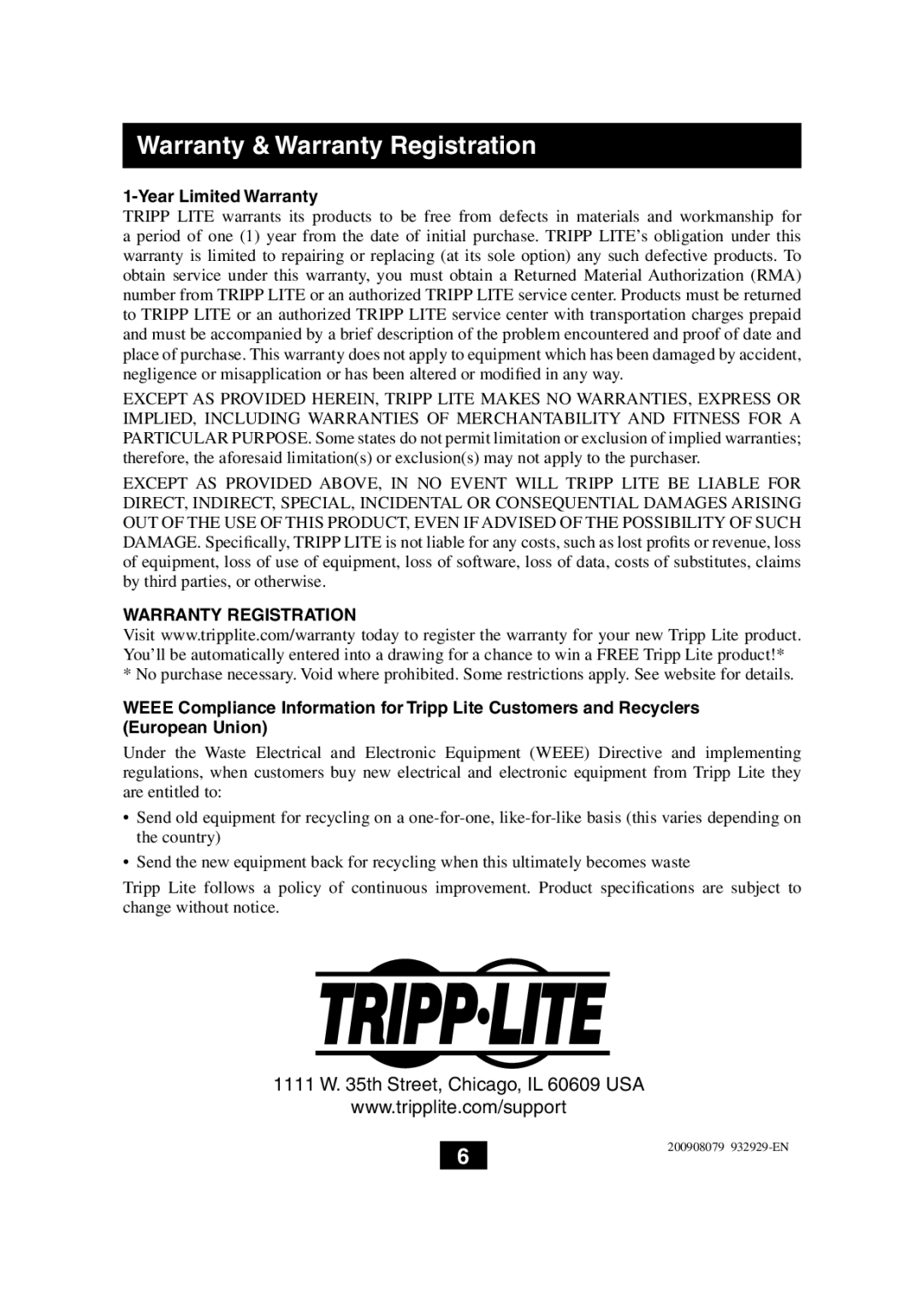 Tripp Lite B130-101A-WP owner manual Warranty & Warranty Registration, 1111 W. 35th Street, Chicago, IL 60609 USA 